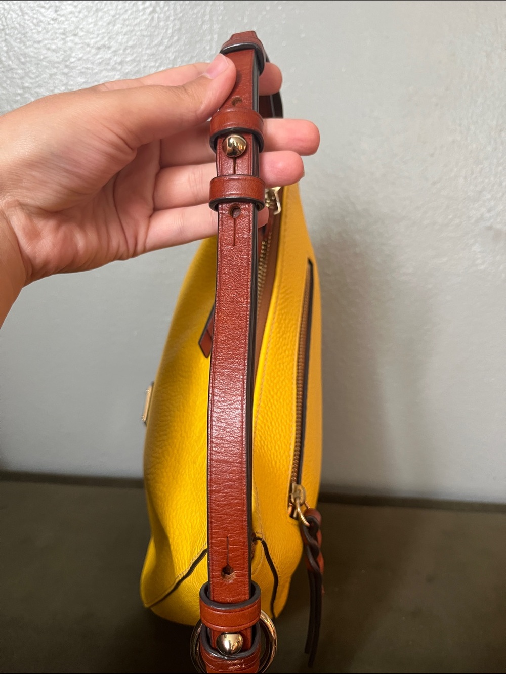 Dooney & Bourke Yellow Pebbled Leather Shoulder Bag with Brown Trim - Picture 9 of 15